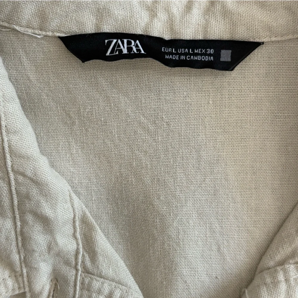 Zara Linen Blend Button Down Shirt Romper Size Large Cargo Pocket Utility Belted